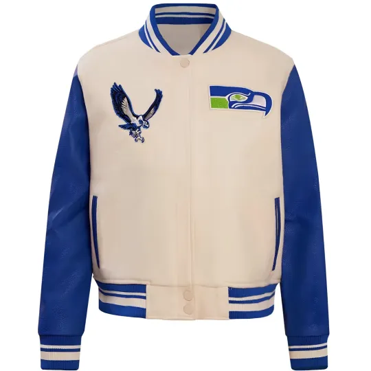 Discover Seattle Cream Body Royal Blue Jacket  (Not Satin, Not Wool, Not Leather)