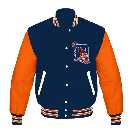 Discover Detroit Navy Blue Body Orange Jacket Men  (Not Satin, Not Wool, Not Leather)
