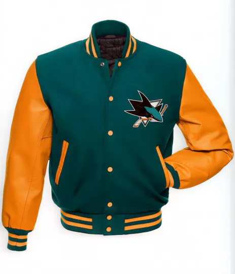 San Jose Green Body Orange Varsity Jacket  (Not Satin, Not Wool, Not Leather)