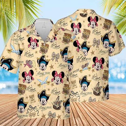 Discover Disney Pirate Mickey & Minnie Hawaiian Shirt, Minnie Goofy Donald Daisy Pluto Hawaii Shirt, Pirate Disney Cruise Trip Button Tee