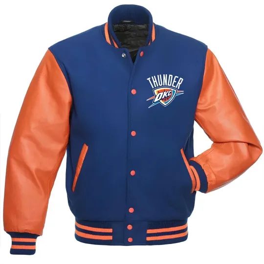 Oklahoma City Navy Blue Body Orange Varsity Jacket Men  (Not Satin, Not Wool, Not Leather)