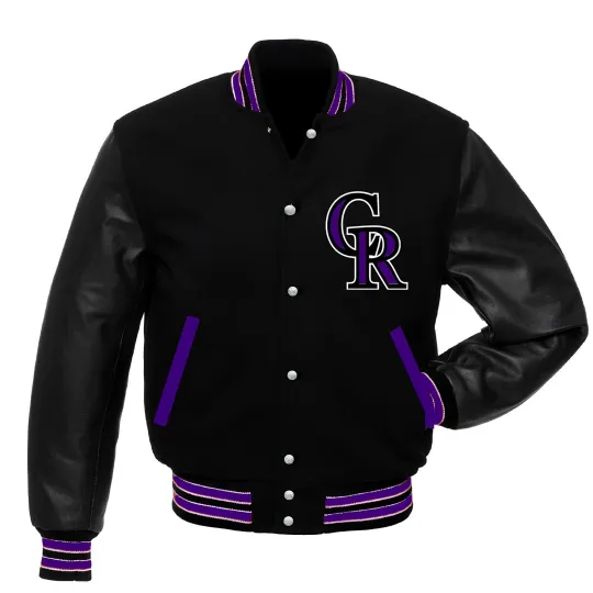 Discover Colorado Rockies Black Body Black Leather Letterman Jacket Men Size L