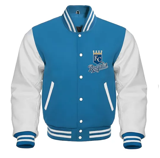 Discover Kansas City Royals Sky Blue Body White Leather Letterman Jacket Men Size L