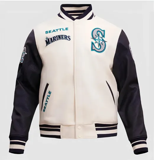 Discover Seattle White Body Navy Blue Varsity Jacket Men  (Not Satin, Not Wool, Not Leather)