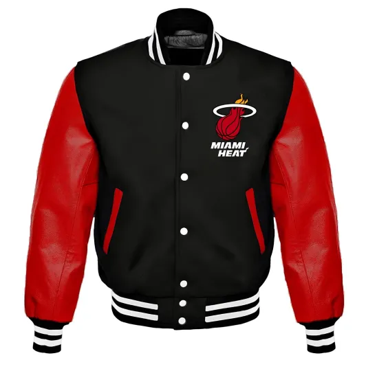 Discover Miami Black Body Red Varsity Jacket  (Not Satin, Not Wool, Not Leather)