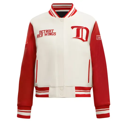 Discover Detroit White Body Red Varsity Jacket Men  (Not Satin, Not Wool, Not Leather)