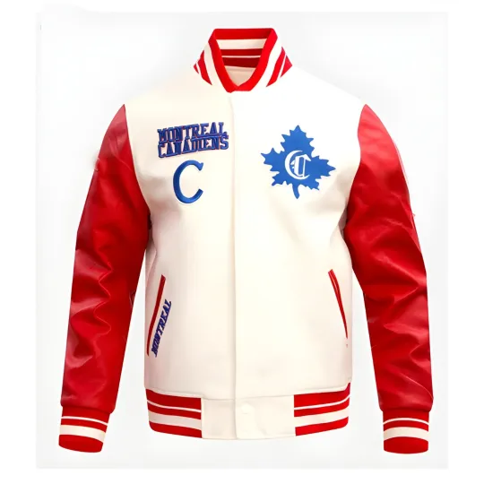 Discover Montreal White Body Red Varsity Jacket  (Not Satin, Not Wool, Not Leather)