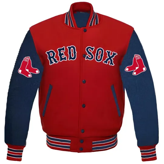 Discover Boston Red Body Navy Blue Jacket  (Not Satin, Not Wool, Not Leather)