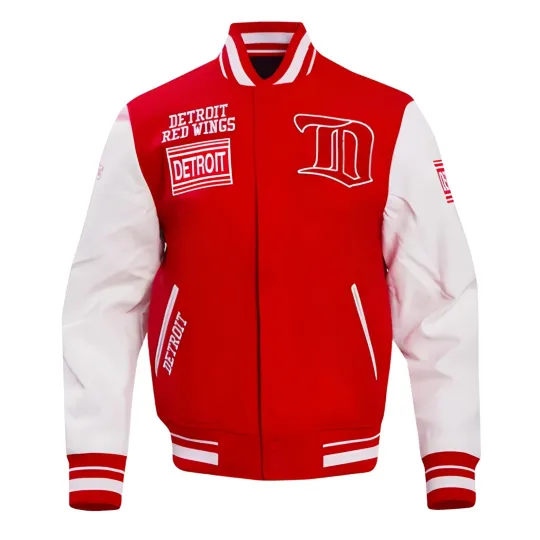 Discover Detroit Red Body White Varsity Jacket  (Not Satin, Not Wool, Not Leather)