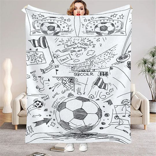 Discover Soccer Theme Flannel Throw Blanket White Cartoon Soccer Ball and Field Design Warm Blanket For Boys Living Room Sofa Bed Decor
