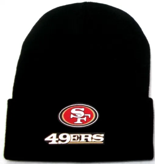 Discover San Francisco 49ers flat applique logo on Black beanie  cap hat. See details