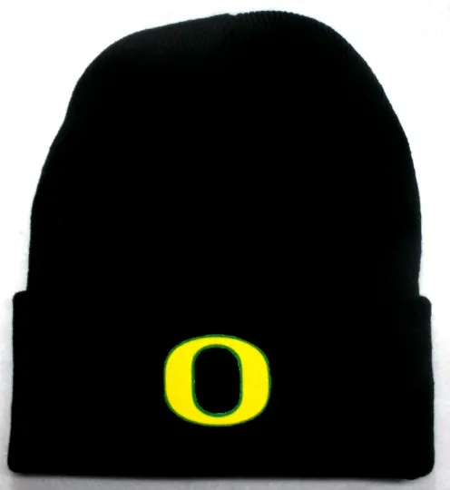 Discover Oregon Fighting Ducks flat cotton logo on BLack beanie  cap hat. See details