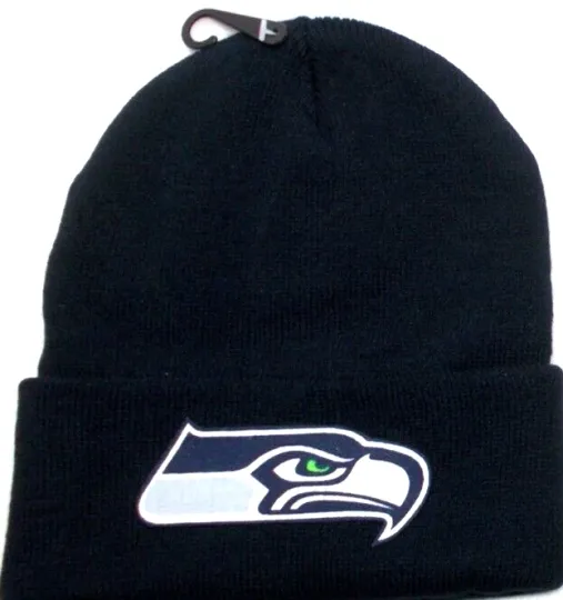 Discover Seattle Seahawks flat applique logo on Navy Blue beanie  cap hat. See details