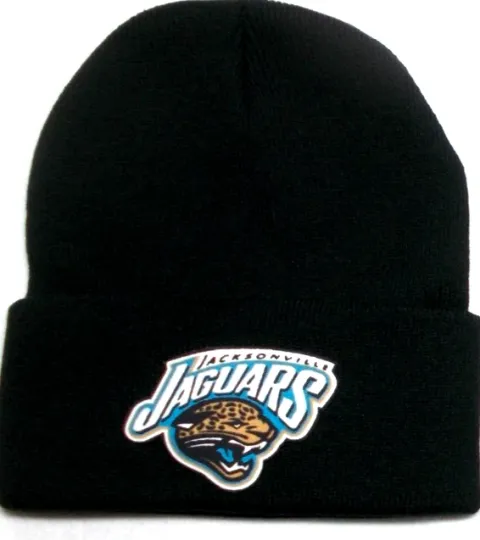 Discover Jacksonville Jaguars flat applique logo on Black beanie  cap hat. See details