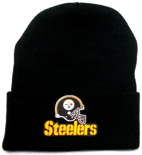 Discover Pittsburgh Steeler flat applique on Blk  beanie  cap hat. See details