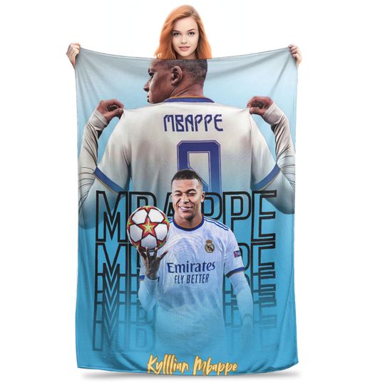 Flannel Throw Blanket Football KM Mbappe Soccer Warm Plush Blankets Soft Bedspread for Bed Living room Home Picnic Couch