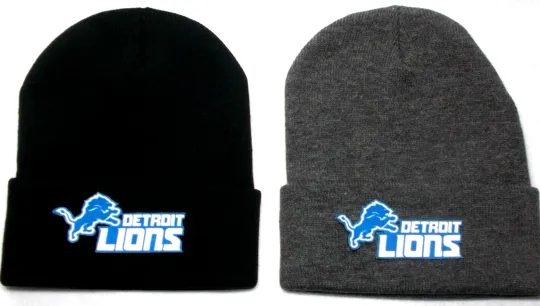 Discover 2 FOR 10.95! Detroit Lions flat logos  on Blk/Silv beanie  cap hat. See details