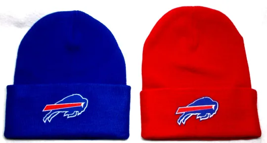 Discover 2 FOR 10.95! Buffalo Bills flat logos on Royal/Red beanie  cap hat. See details