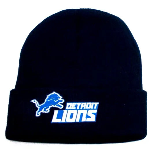 Discover Detroit Lions flat applique logo on Black beanie  cap hat. See details