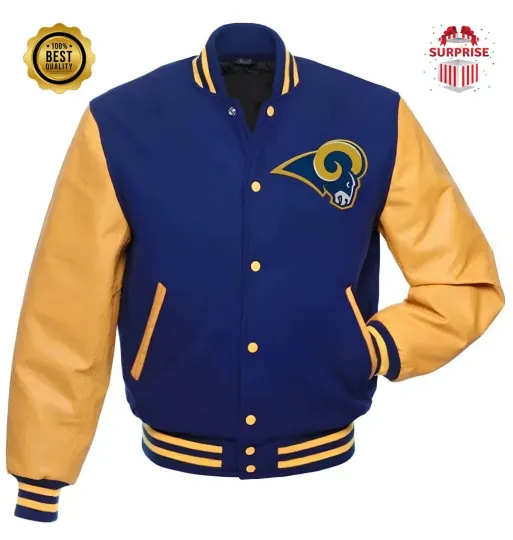 Discover Men's LA Ram Blue Body  Golden Baseball Jacket (Not Satin, Not Wool, Not Leather)