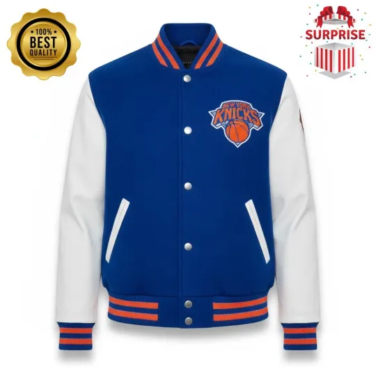 Discover Men's NY Knickss Blue White Sleeves Varsity Jacket (Not Satin, Not Wool, Not Leather)