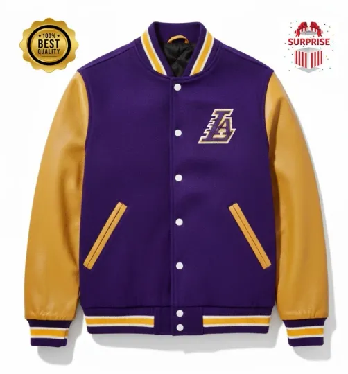 Discover Mens LA Lakers Blue Body Golden Sleeves Jacket Letterman Baseball Jacket (Not Satin, Not Wool, Not Leather)