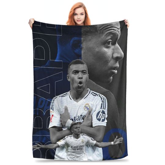 Discover Flannel Throw Blanket Football KM Mbappe Soccer Warm Plush Blankets Soft Bedding for Bed Living room Home Travel Couch