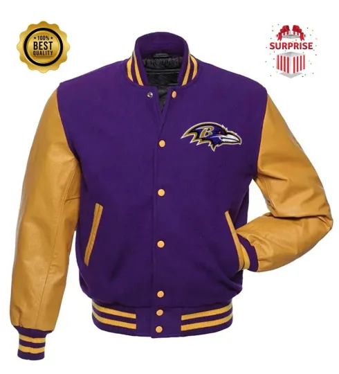 Discover Men's B Raven Purple Body Gold Sleeves Letterman Varsity League Jacket (Not Satin, Not Wool, Not Leather)
