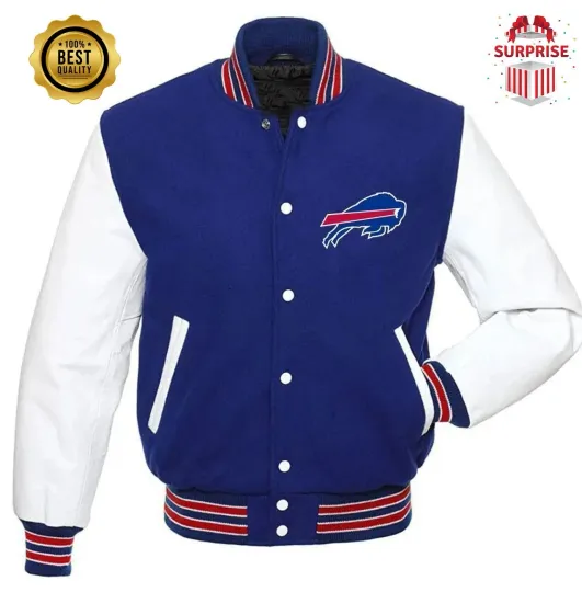 Men's B Bill Royal Blue Body White Sleeves Bomber Style Varsity Jacket (Not Satin, Not Wool, Not Leather)