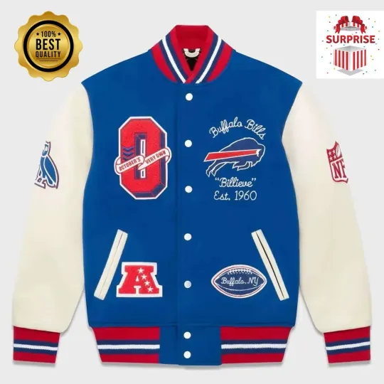 Discover Men's B Bill Blue White Jacket Letterman Bomber Varsity Jacket (Not Satin, Not Wool, Not Leather)