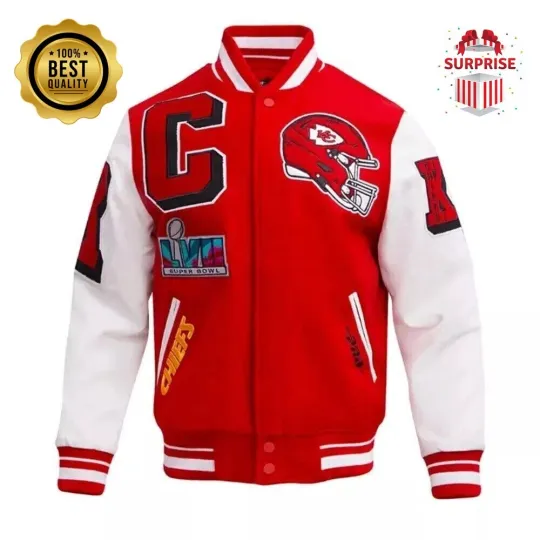 Men's KC Chiefs Red Jacket Letterman Baseball Bomber Jacket (Not Satin, Not Wool, Not Leather)
