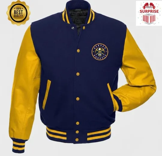 Discover Men's D Nugget Blue Body and Yellow Sleeves Baseball Varsity jacket (Not Satin, Not Wool, Not Leather)
