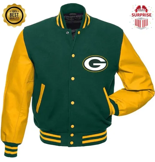 Discover Men's GB Packer Green Body Gold Sleeves Baseball Style Varsity Jacket (Not Satin, Not Wool, Not Leather)