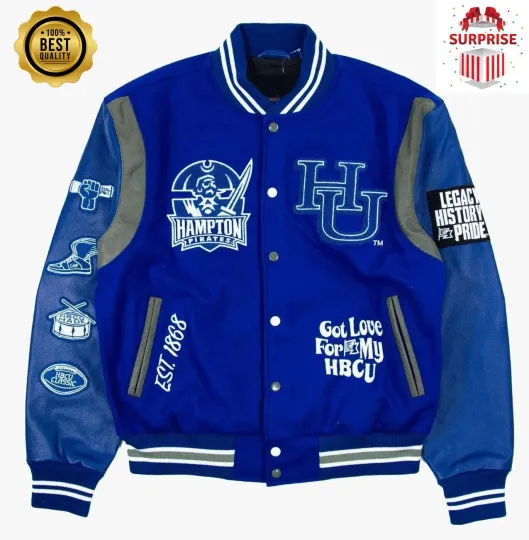 Discover Men's Hampton University Motto 3.0 Blue Baseball Varsity Jacket (Not Satin, Not Wool, Not Leather)