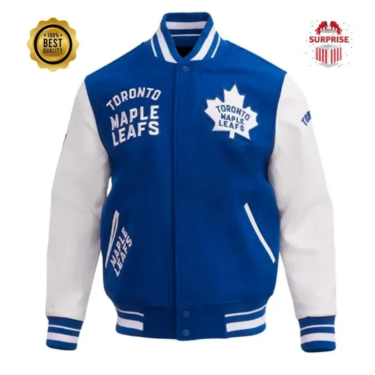 Discover Men's Toronto Maple Blue Body White Sleeves Varsity Jacket (Not Satin, Not Wool, Not Leather)
