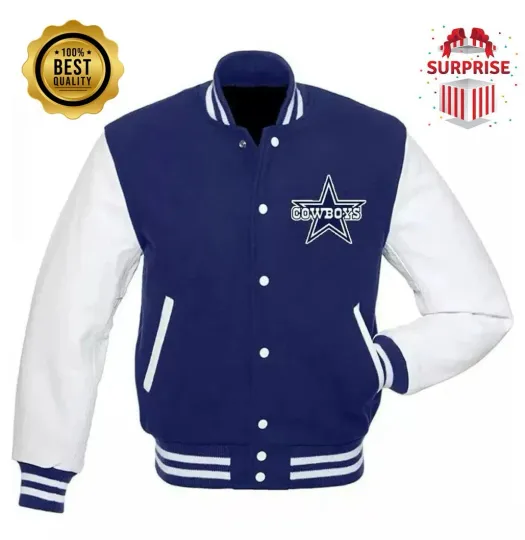 Discover Men's D Cowboy Blue Body White Sleeve Bomber Varsity Jacket (Not Satin, Not Wool, Not Leather)