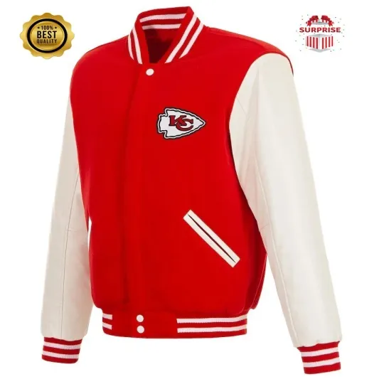 Discover Men's K City Red White Sleeves Jacket Baseball Varsity Jacket (Not Satin, Not Wool, Not Leather)
