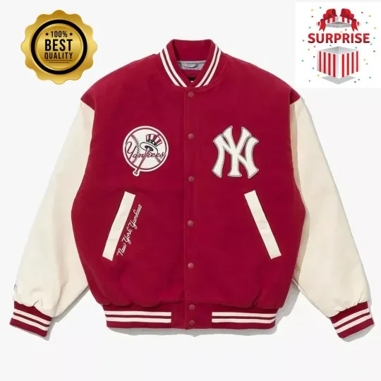 Men’s NY Yankess Maroon and White Sleeves Jacket Baseball Varsity Jacket (Not Satin, Not Wool, Not Leather)