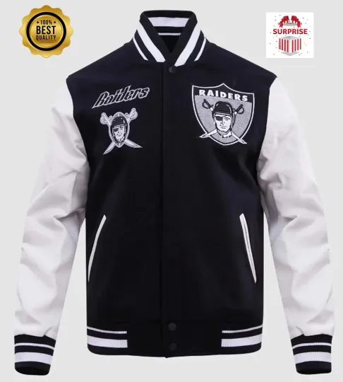 Men's LV Raider Black Body White Sleeves Bomber Style Varsity Jacket (Not Satin, Not Wool, Not Leather)