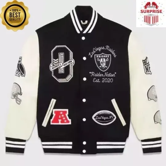 Men's LV Raider Black White Sleeves Jacket Baseball Style Varsity Jacket (Not Satin, Not Wool, Not Leather)