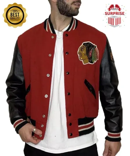 Discover Men's CC Black Hawks Red Black Jacket Bomber Style Varsity Jacket (Not Satin, Not Wool, Not Leather)
