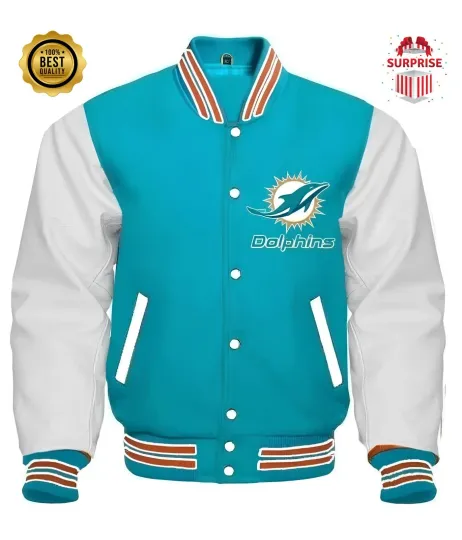 Discover Men's M Dolphin Turquoise White Sleeves Jacket Baseball Varsity Jacket (Not Satin, Not Wool, Not Leather)