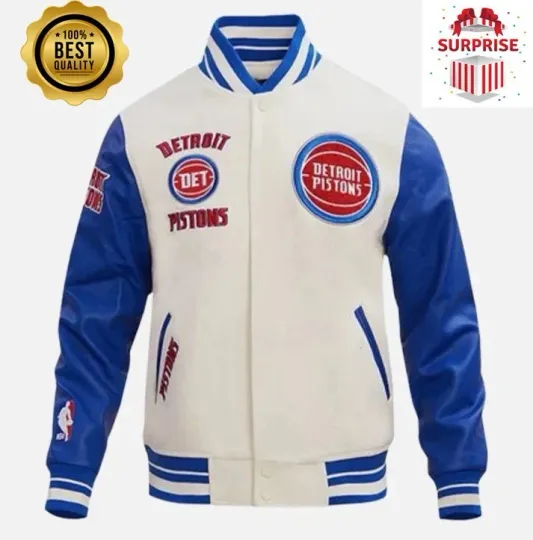 Discover Men's D Piston White Body Blue Baseball Varsity Jacket (Not Satin, Not Wool, Not Leather)