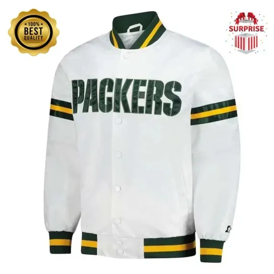 Discover Men's GB Packer White Jacket Bomber Baseball Varsity Jacket (Not Satin, Not Wool, Not Leather)