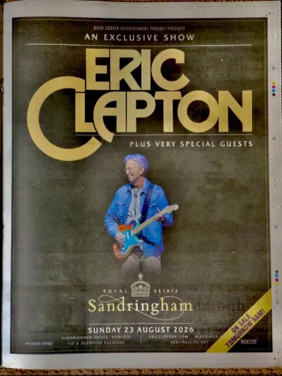 Eric Clapton Live Tour 2026 Exclusive UK Newspaper Advert Poster