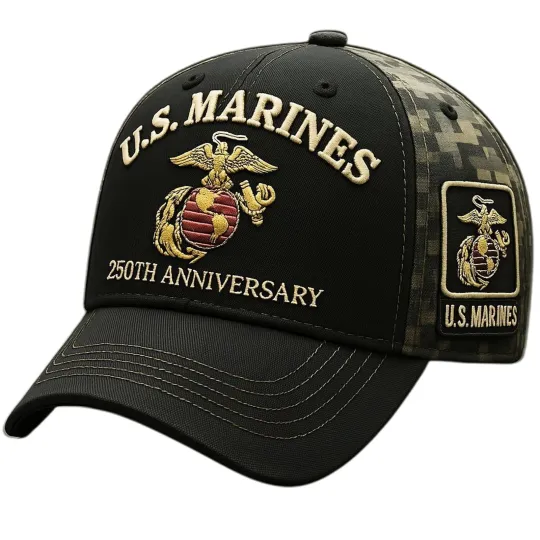 U.S. Marine Corps 250th Birthday Hat, Custom Name Military Veteran Cap