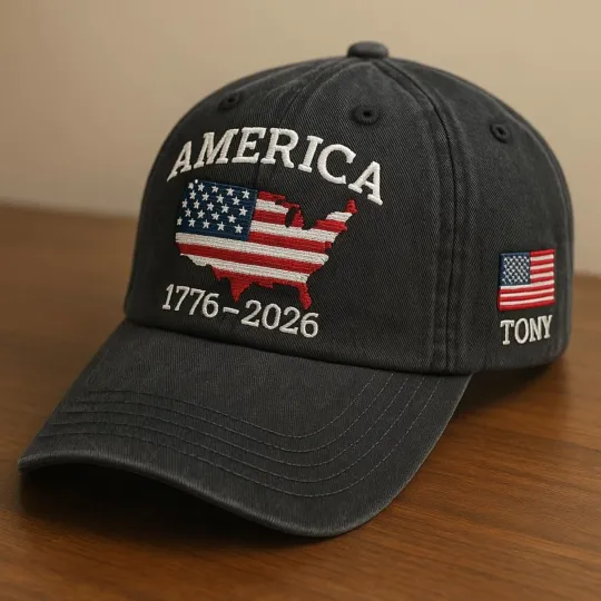 Discover Patriotic America 1776–2026 Embroidered Hat, USA Flag Map Baseball Cap