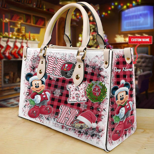 Discover Custom Name football Tampa Bay Buccaneers Mickey Ho Ho Ho Christmas Leather Handbag