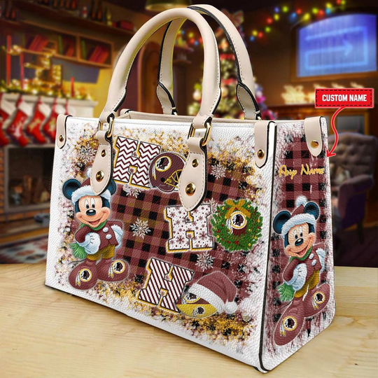 Discover Custom Name football Washington Redskins Mickey Ho Ho Ho Christmas Leather Handbag