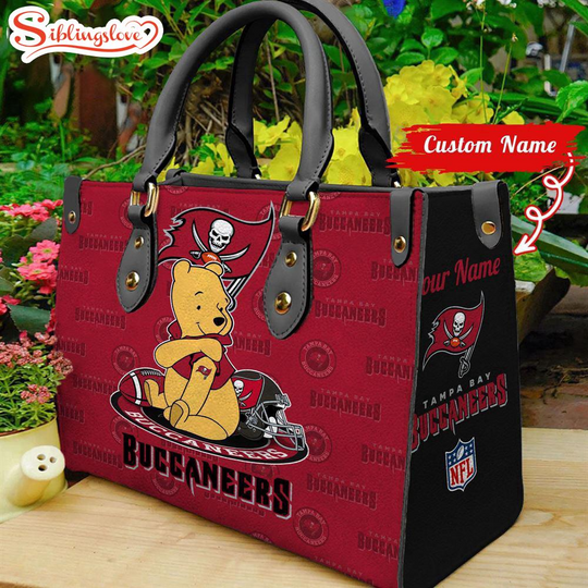 Discover Custom Name football Tampa Bay Buccaneers Pooh Bear Leather Handbag For Fans